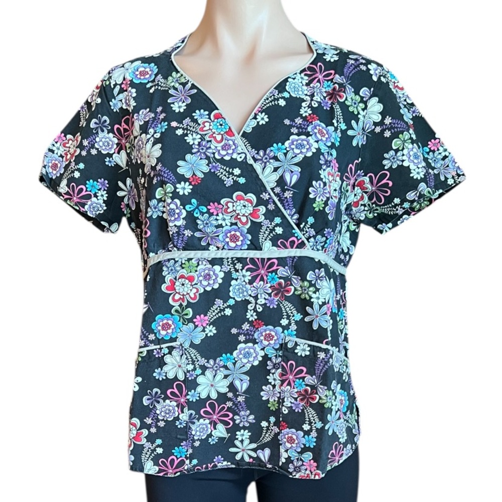 SB Scrubs Colorful Floral Women's Scrub Top GUC